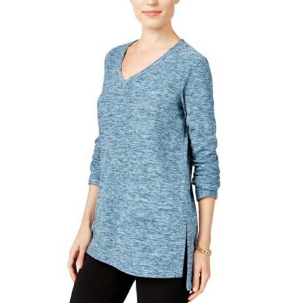 Style & Co. Fleece Blue V-Neck Pullover Small Top